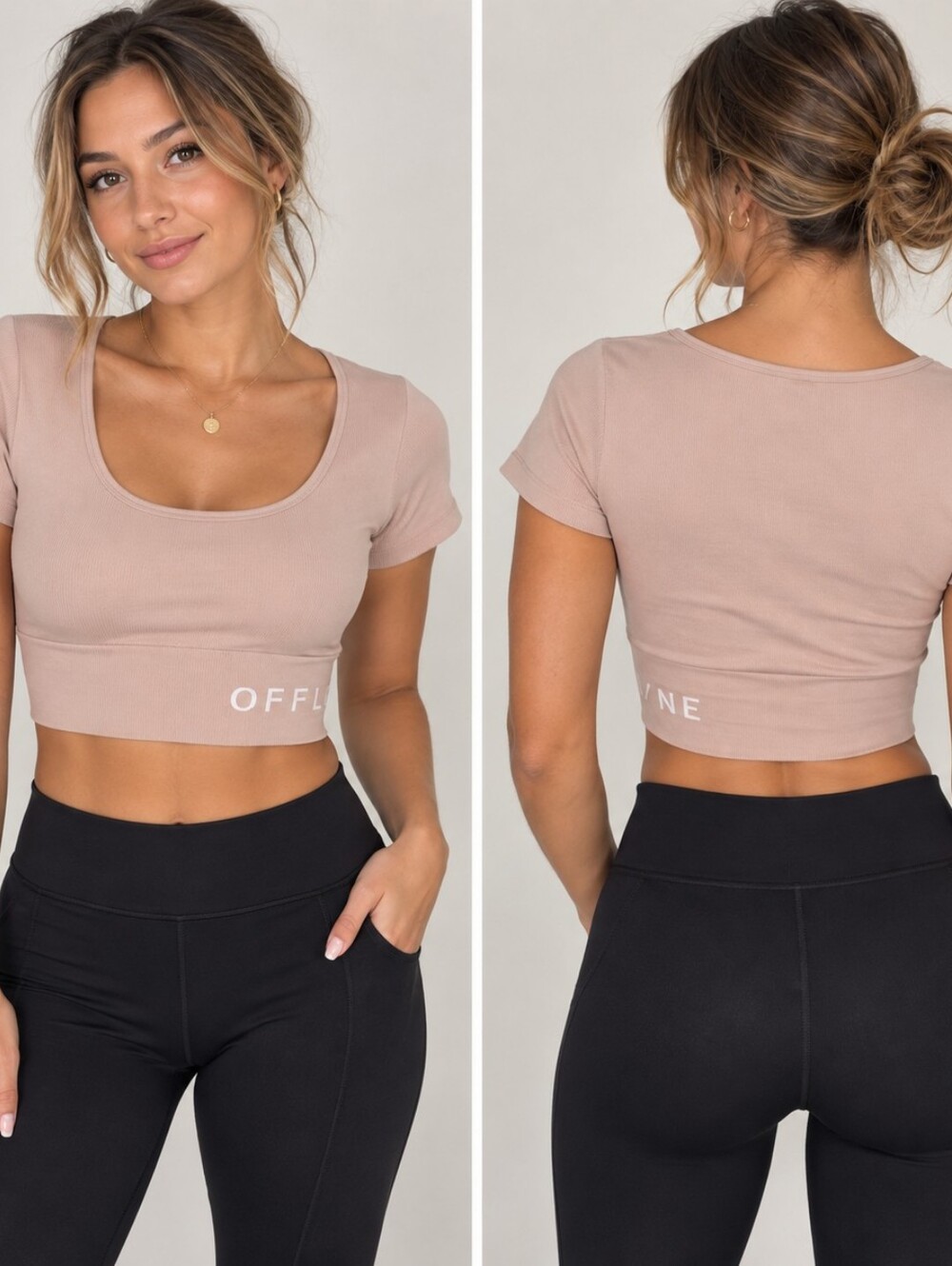 OFFLINE by Aerie L Pinkish Beige Ribbed Seamless Crop Top Short Sleeve